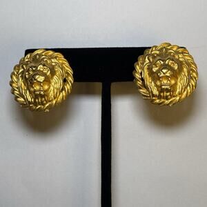 Vintage Lion Head Gold-tone Screw Back Earrings Jewelry